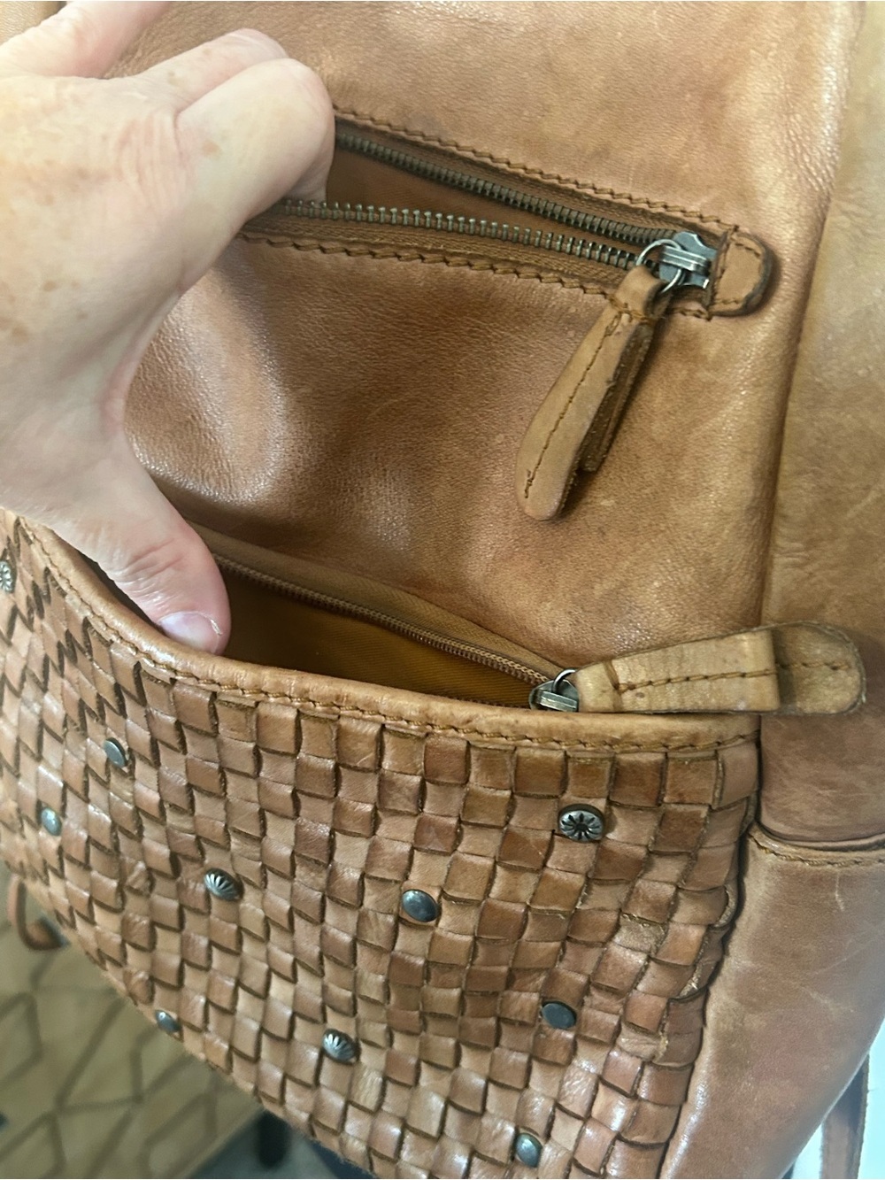 ZOA Genuine Leather Woven Backpack Cognac Brown Studded Boho Bag - Picture 6 of 16